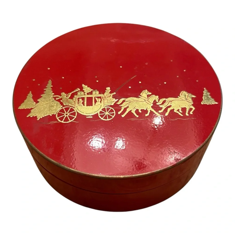 VTG OTAGIRI Japanese Christmas Red Coaster Set with Gold Carriage Design
